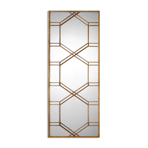 Uttermost Kennis Leaf Leaner Mirror in gold with decorative leaf design on a tall, elegant mirror frame.