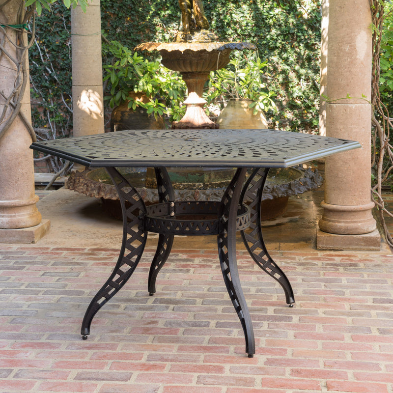 Outdoor Cast Aluminum Dining Table With Lattice Top And Umbrella Hole - Black - R&R Furniture Gallery (Fountain Valley, CA)