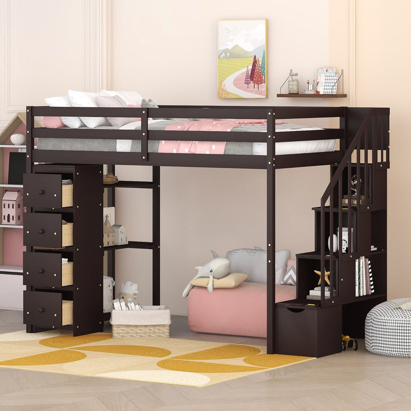 DreamHaus loft bed with built-in storage drawers, stairs with shelves, ideal for space-saving bedroom furniture.