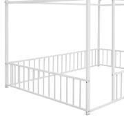 Halcyon Home metal house bed frame with a canopy and fence, featuring a sturdy metal construction and cozy design for kids' bedrooms
