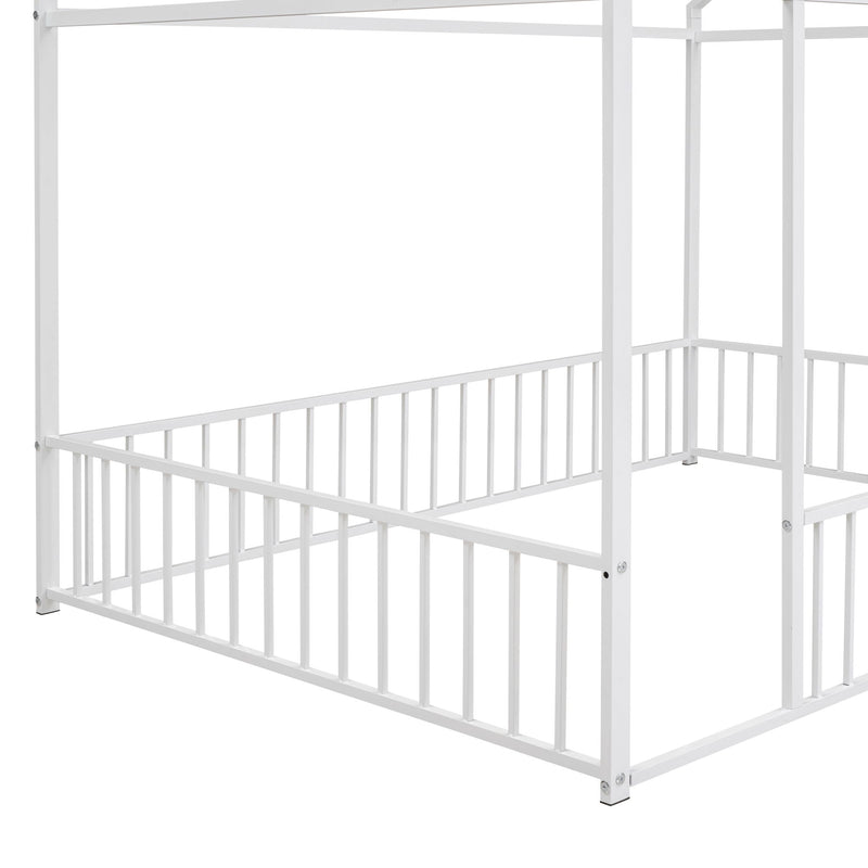 Halcyon Home metal house bed frame with a canopy and fence, featuring a sturdy metal construction and cozy design for kids' bedrooms