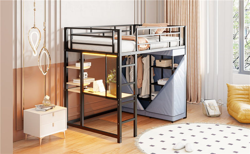 Loft Bed With Desk, Shelves, Power Outlet, LED Light And Wardrobe - R&R Furniture Gallery (Fountain Valley, CA)