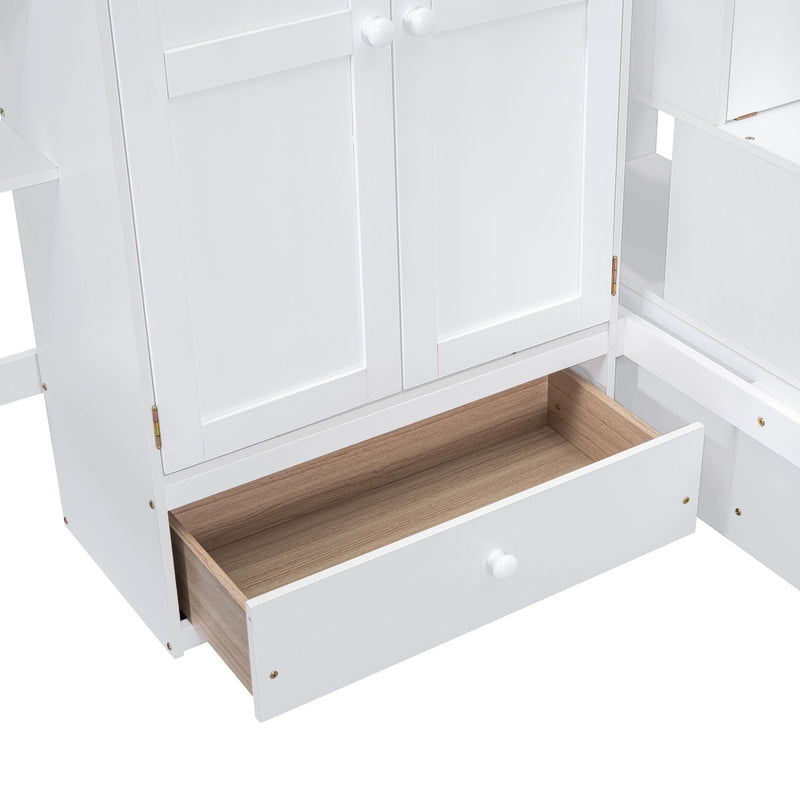 DreamHaus loft bed with integrated bookshelf, drawers, desk, and wardrobe, featuring a sturdy wooden frame and modern design.