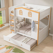 Dreamland bunk bed with house-shaped guardrails, built-in storage shelves, and a trundle for additional sleeping space.