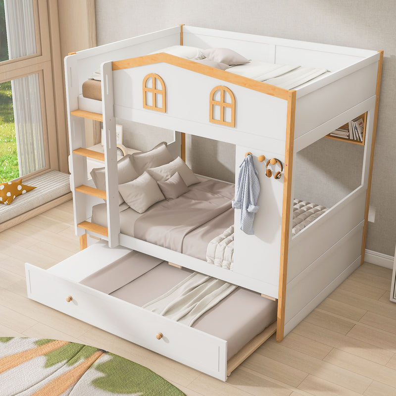 Dreamland bunk bed with house-shaped guardrails, built-in storage shelves, and a trundle for additional sleeping space.