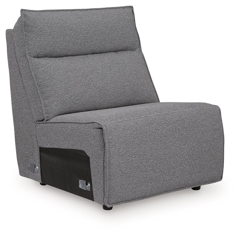 Signature Design by Ashley Modmax II reclining sectional in salt and pepper fabric with plush cushions and modern design.