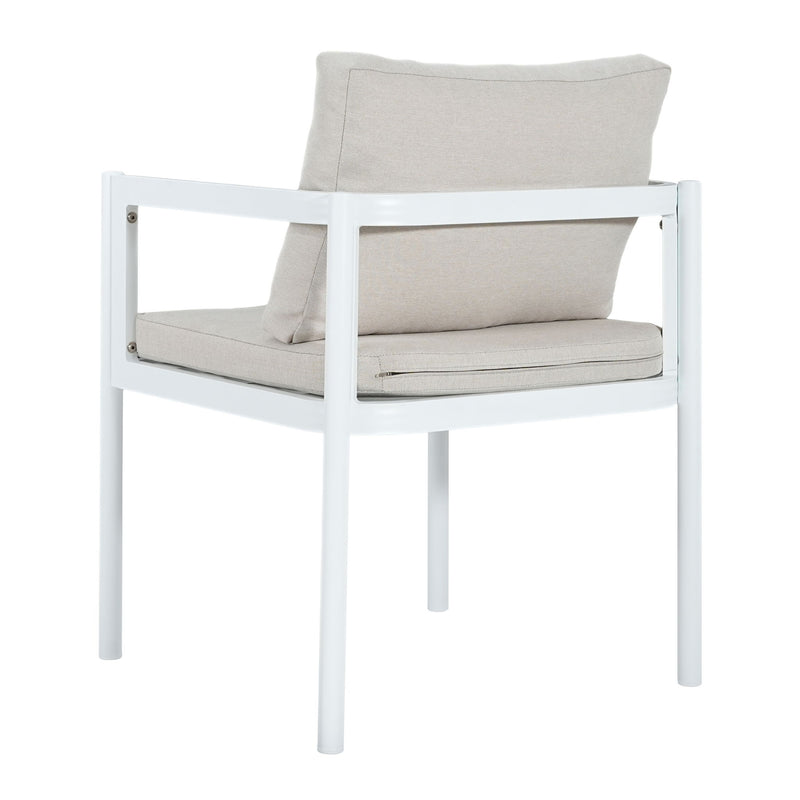 Set of two Noble House all-weather outdoor dining chairs with woven seats and metal frames, ideal for patio or garden use.