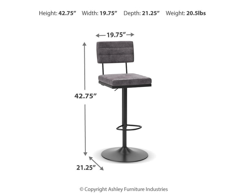 Set of two Signature Design by Ashley Strumford tall swivel barstools with wooden seats and metal frames, ideal for kitchen or bar area.