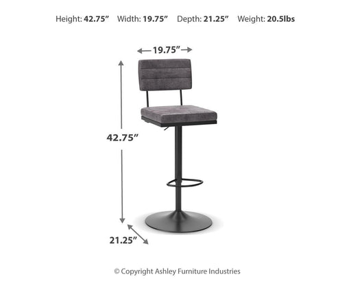 Set of two Signature Design by Ashley Strumford tall swivel barstools with wooden seats and metal frames, ideal for kitchen or bar area.