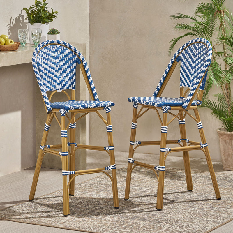 Outdoor Rattan French Barstool Set,, Bamboo, Seat Height - Navy Blue / White - R&R Furniture Gallery (Fountain Valley, CA)