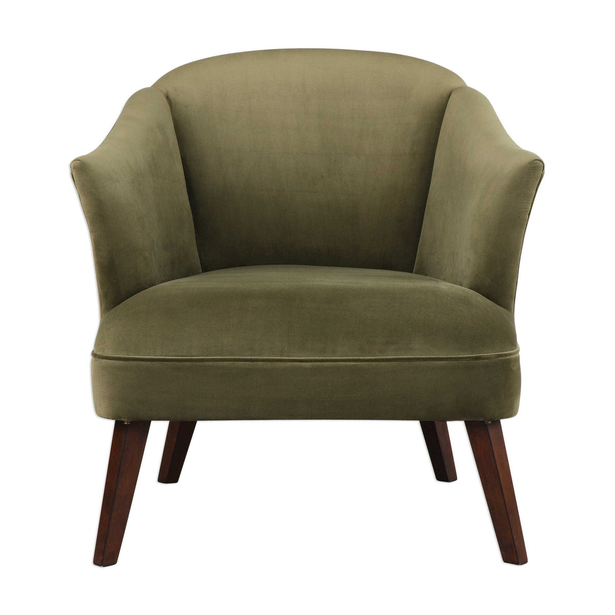 Uttermost Conroy olive accent chair with plush upholstery and sleek wooden legs, stylish and comfortable for modern living spaces.