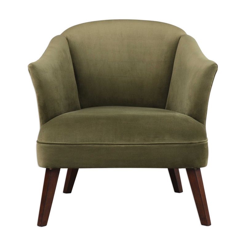 Uttermost Conroy olive accent chair with plush upholstery and sleek wooden legs, stylish and comfortable for modern living spaces.