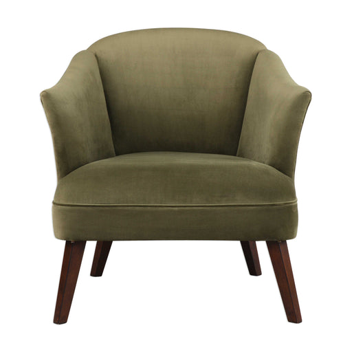 Uttermost Conroy olive accent chair with plush upholstery and sleek wooden legs, stylish and comfortable for modern living spaces.
