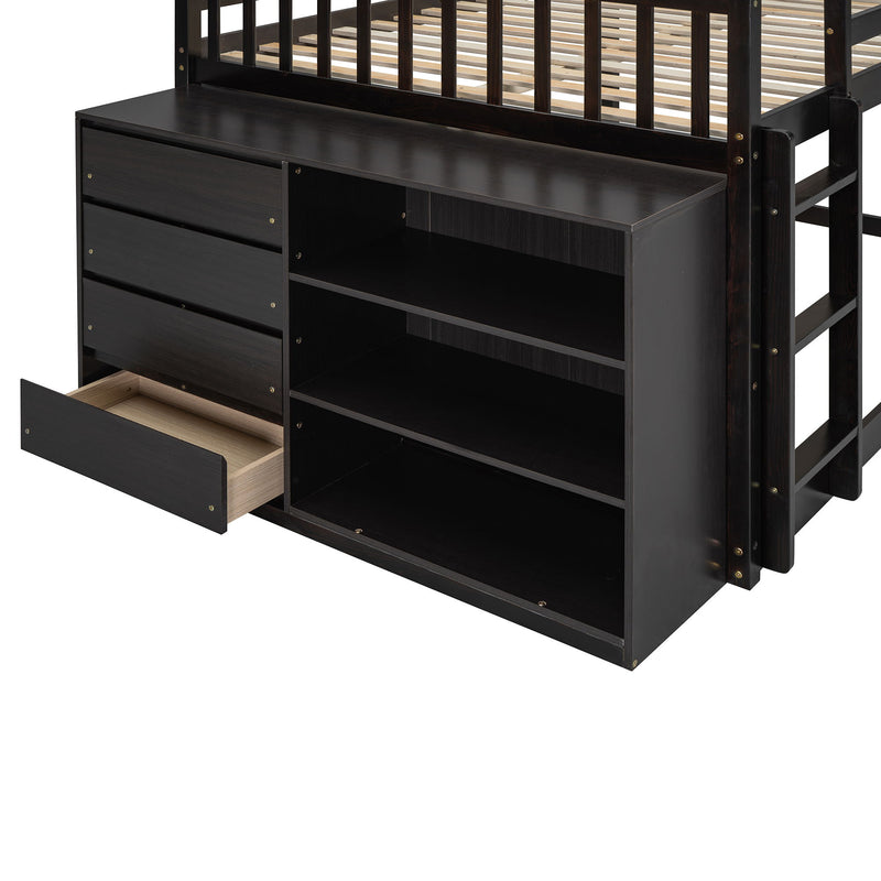 DreamHaus bunk bed with four drawers and three shelves, featuring a sturdy wooden frame and integrated storage solutions.