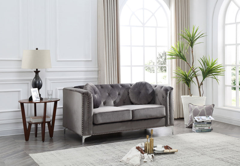 Stylish sloped arm loveseat by Glory Furniture, stationary design with plush cushions and modern fabric for cozy seating.