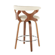 Pair of Lumi Source Gardenia mid-century modern counter stools with sleek wooden legs and upholstered seats, set of two.