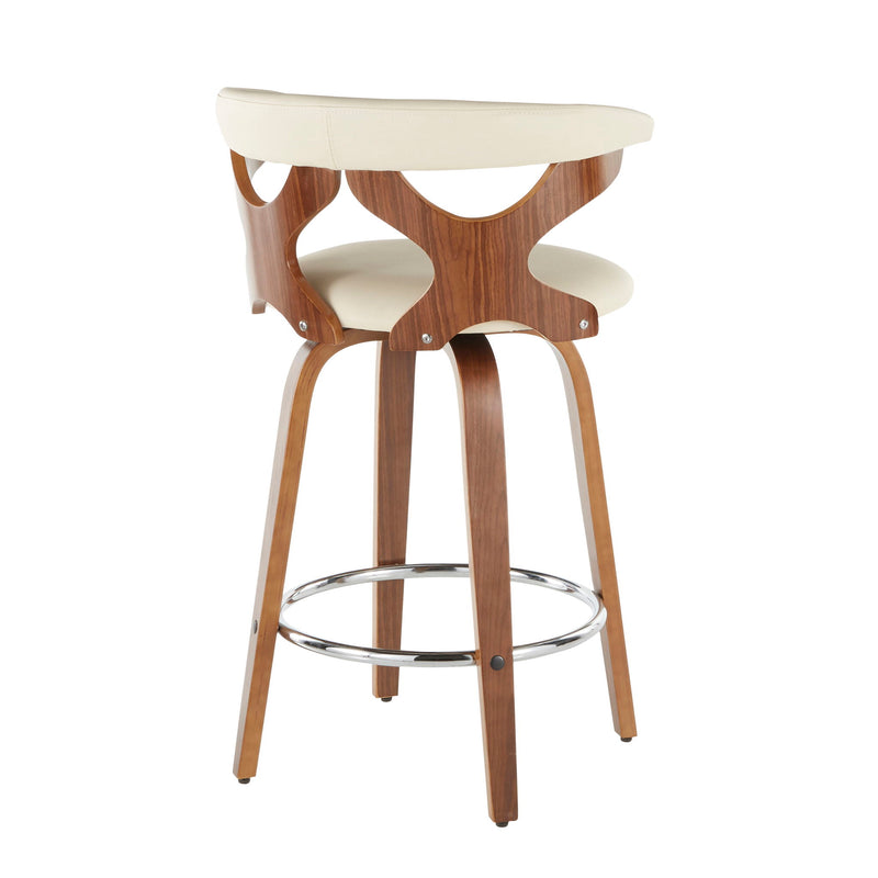 Pair of Lumi Source Gardenia mid-century modern counter stools with sleek wooden legs and upholstered seats, set of two.