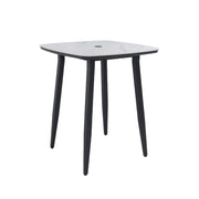 Life Outside outdoor bar table with rounded square sintered stone top, umbrella hole, rust-free frame, weatherproof in Ember Black or White.