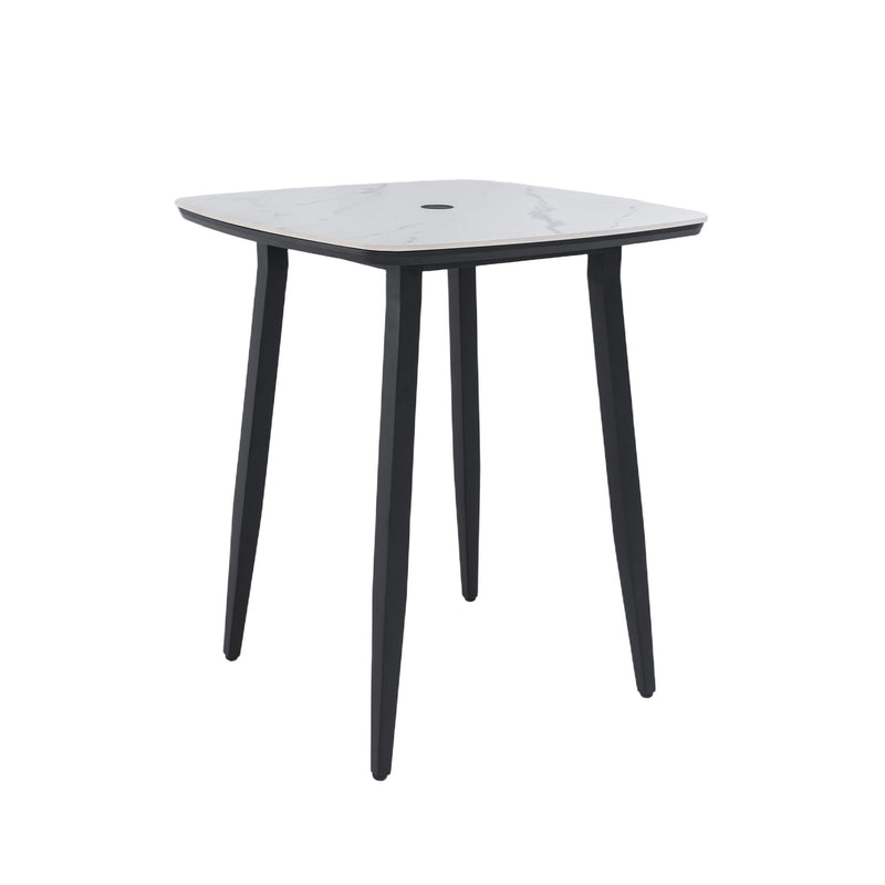 Life Outside outdoor bar table with rounded square sintered stone top, umbrella hole, rust-free frame, weatherproof in Ember Black or White.