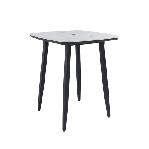 Life Outside outdoor bar table with rounded square sintered stone top, umbrella hole, rust-free frame, weatherproof in Ember Black or White.