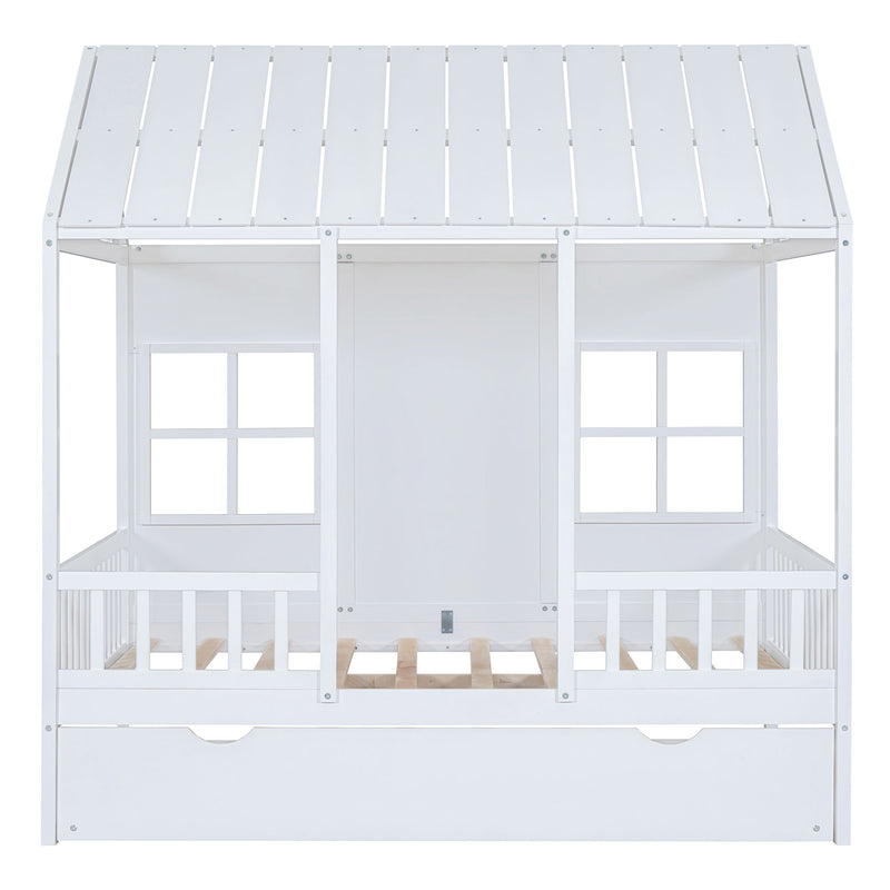 DreamHaus house bed with twin size trundle and daybed, featuring a cozy wooden frame and playful design for children's bedrooms.