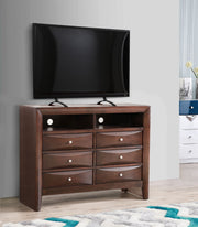 Glory Furniture Marilla media chest with multiple drawers and a sleek wood finish, ideal for TV and media storage.