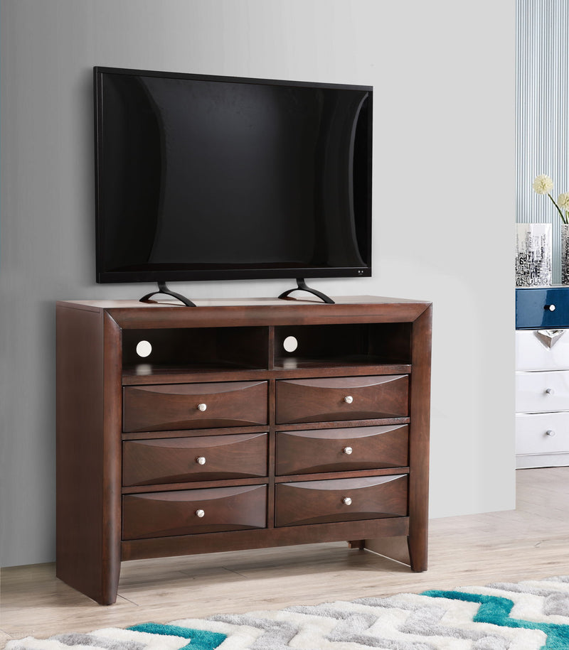 Glory Furniture Marilla media chest with multiple drawers and a sleek wood finish, ideal for TV and media storage.