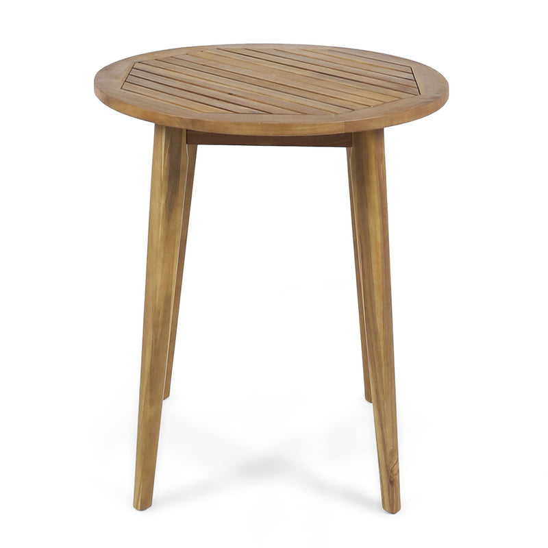 Noble House Stamford modern outdoor bistro table with water-resistant teak finish, ideal for patios and garden dining spaces.