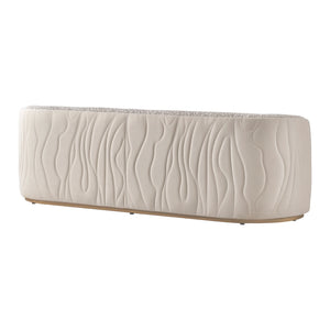 Michael Amini Gineverra stationary sofa in Biscotti and Ivory Gold fabric, showcasing elegant design and plush seating.