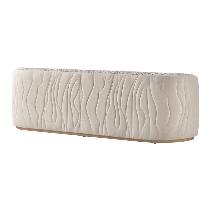 Michael Amini Gineverra stationary sofa in Biscotti and Ivory Gold fabric, showcasing elegant design and plush seating.