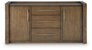 Benchcraft Marxmore dining room server in brown with storage drawers and cabinet doors, ideal for dining room organization.