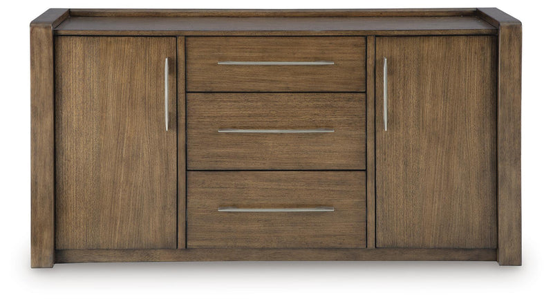 Benchcraft Marxmore dining room server in brown with storage drawers and cabinet doors, ideal for dining room organization.