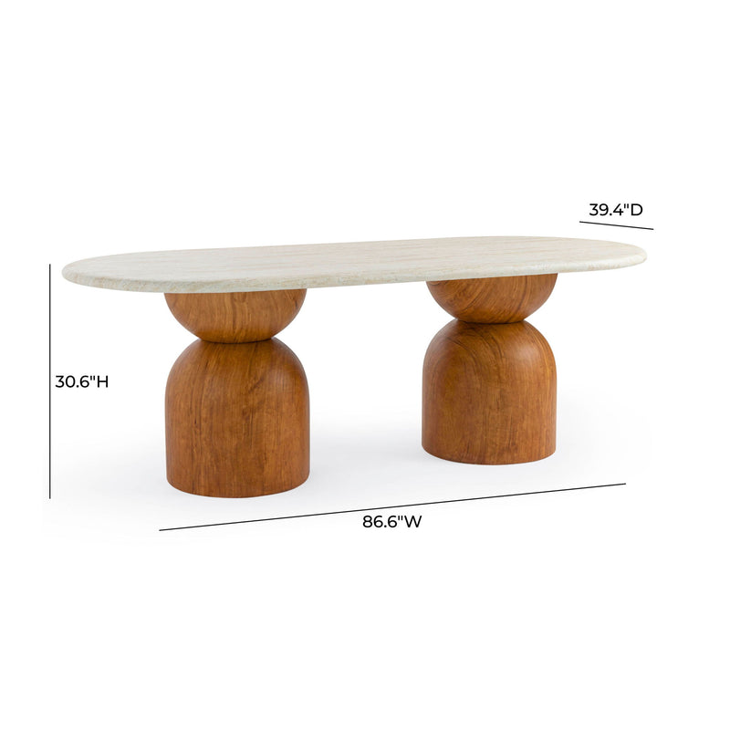 Brown indoor/outdoor Cynthia 87-inch dining table by TOV Furniture with travertine top and sturdy wooden legs.
