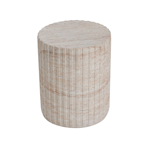 Noble House beige lightweight concrete side table with travertine top, suitable for outdoor and indoor use.