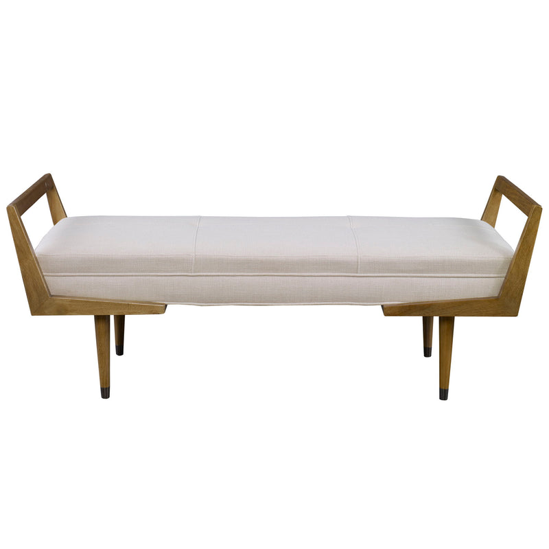 Uttermost Waylon mid-century modern accent bench with wooden legs and upholstered seat, ideal for living room or entryway decor.