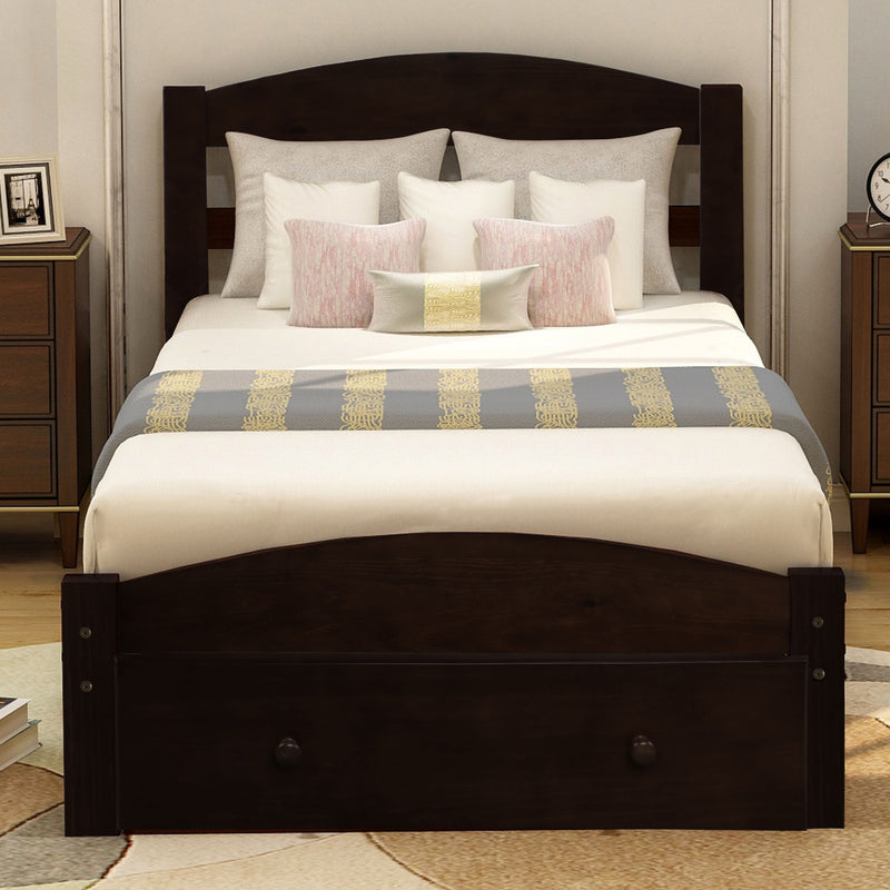 DreamHaus platform bed frame with built-in storage drawers and wood slat support, no box spring needed, sturdy and modern design.