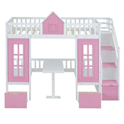 DreamHaus twin over twin bunk bed with convertible table, upper bed, and down desk, showing the versatile furniture setup.