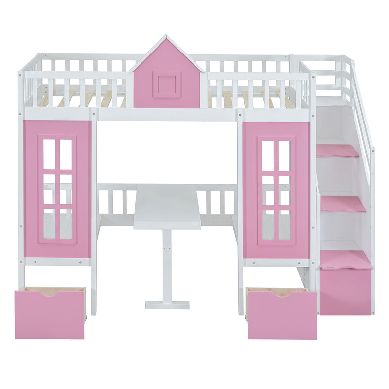 DreamHaus twin over twin bunk bed with convertible table, upper bed, and down desk, showing the versatile furniture setup.