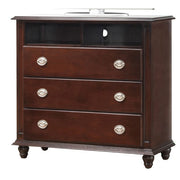 Glory Furniture media storage chest in cappuccino finish, accent chest with wood grain texture and storage compartments.