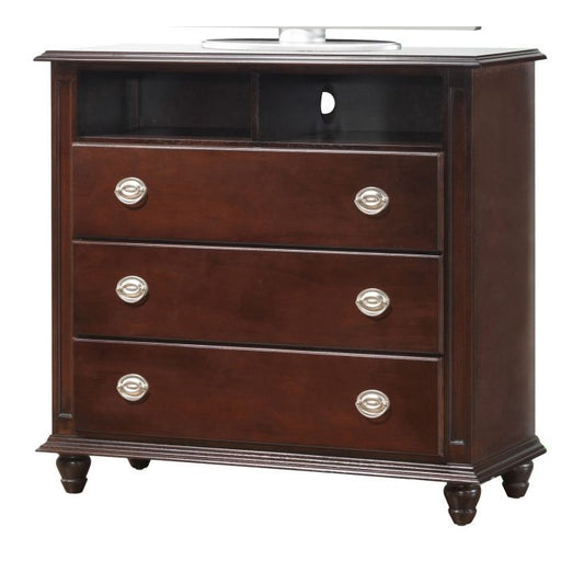 Glory Furniture media storage chest in cappuccino finish, accent chest with wood grain texture and storage compartments.