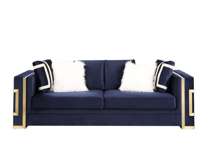 Virrux - Sofa With 6 Pillows - Blue Velvet & Gold - R&R Furniture Gallery (Fountain Valley, CA)
