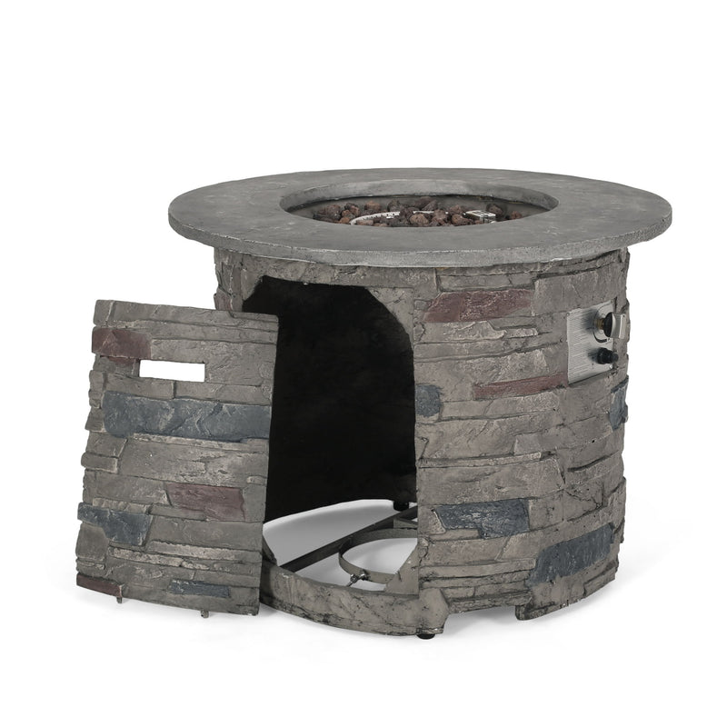 Transitional Outdoor 32" Round Propane Fire Pit Table, Lightweight Concrete Construction - Stone Gray - R&R Furniture Gallery (Fountain Valley, CA)