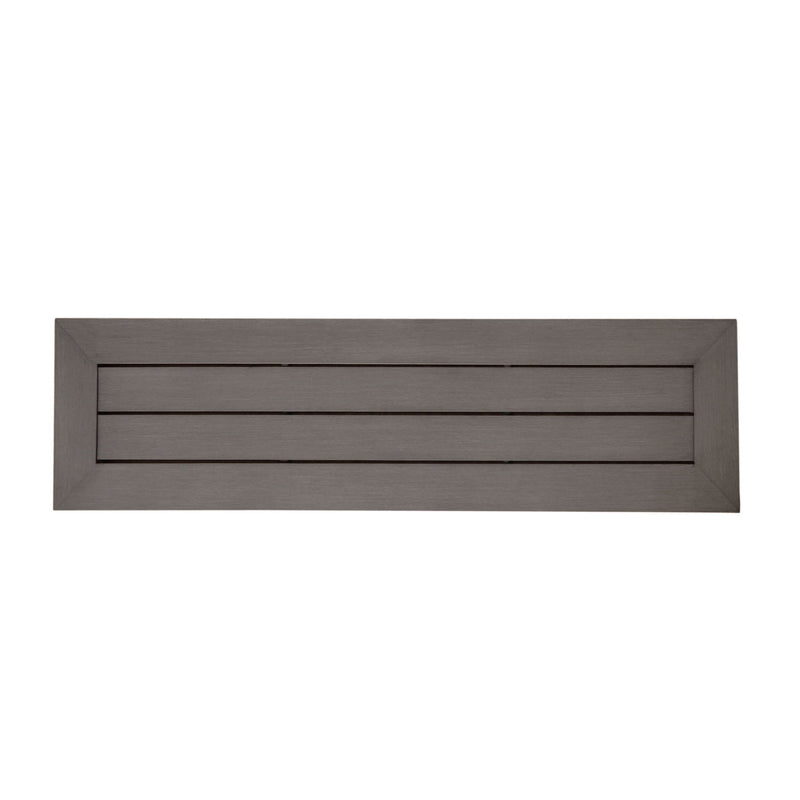 Dark gray modern aluminum outdoor dining bench with X base by Noble House, showcasing sleek design and sturdy construction.