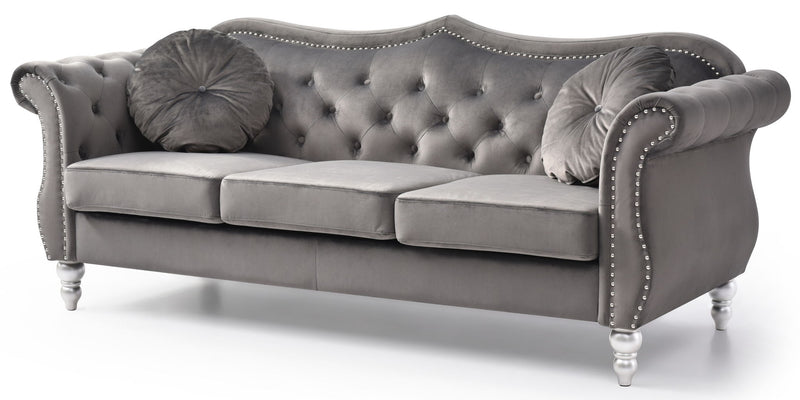 Glory Furniture Hollywood stationary sofa with plush cushions and modern design, beige fabric upholstery in a living room setting
