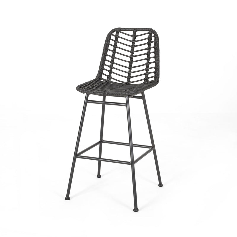 Noble House Sawtelle outdoor wicker barstools set of 2 with cushioned seats and metal frames for patio or outdoor bar area.