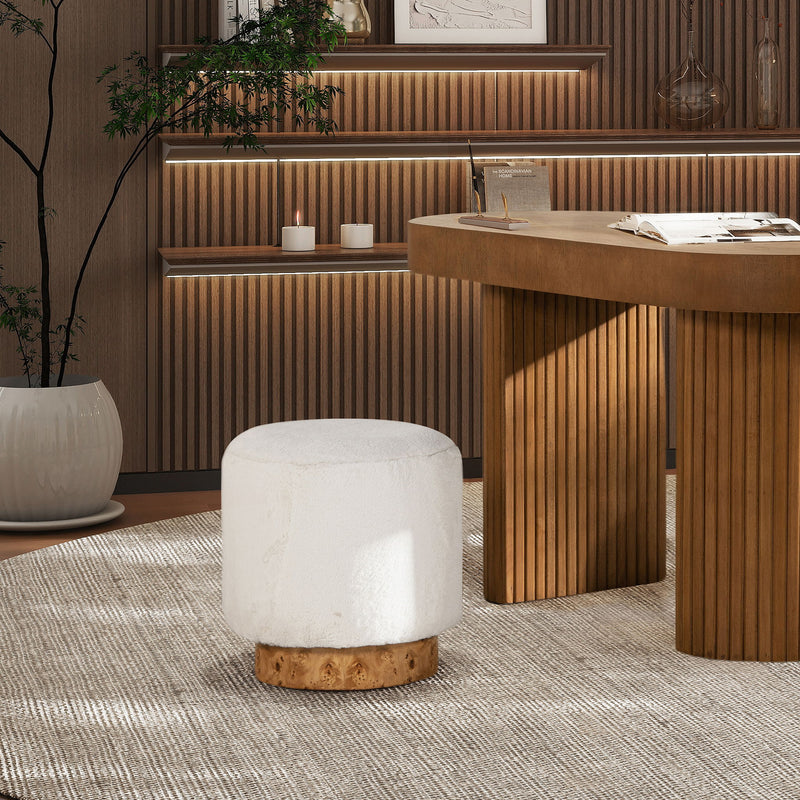 Tilly - Round Fur Upholstered / Burl Pouf Ottoman - White - R&R Furniture Gallery (Fountain Valley, CA)