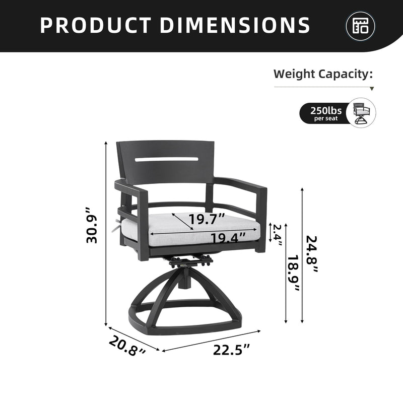 Set of two outdoor patio swivel rocker chairs by Life Outside with Ember Black Sunbrella fabric cushions, ideal for outdoor seating.