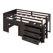 DreamHaus loft bed with integrated cabinet and shelf, showcasing a modern wooden structure with storage and workspace features.