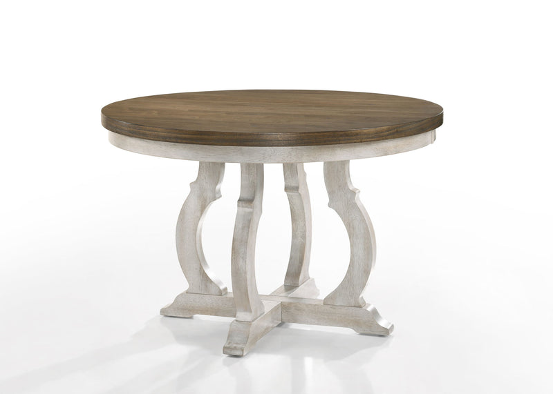 Vintage walnut 5-piece dining table set with wide round table and off-white chairs by Lilola Home, perfect for dining rooms.
