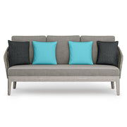 Simpli-Home Carmel outdoor sofa in sand drift color with plush cushions, ideal for patio or garden seating.